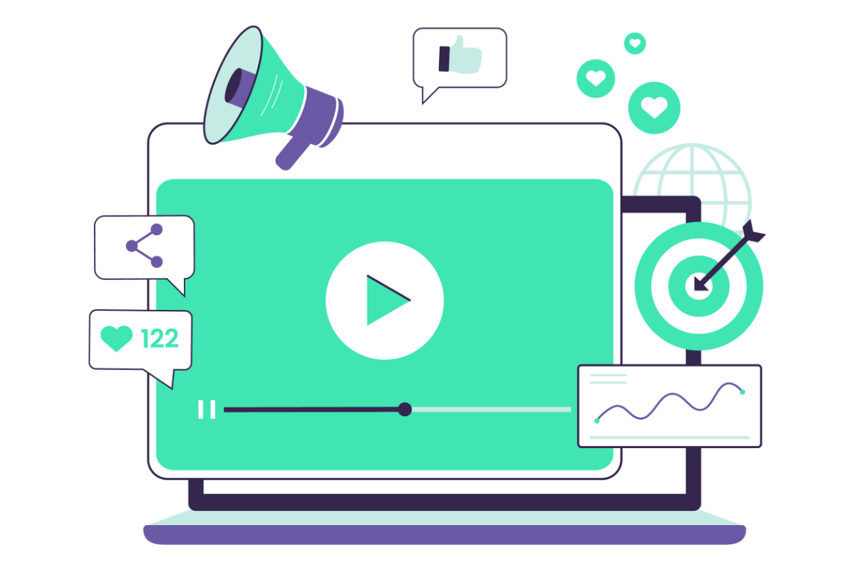Illustration montrant plusieurs éléments graphiques come un laptop, une cible, un mégaphone et des icônes présents sur les réseaux sociaux