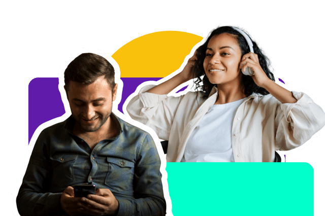 Un photomontage montrant une personne souriant en regardant son téléphone et une seconde portant un casque audio sur les oreilles. Le montage est agrémenté de formes colorées rappelant le logo de Dernier Lundi.