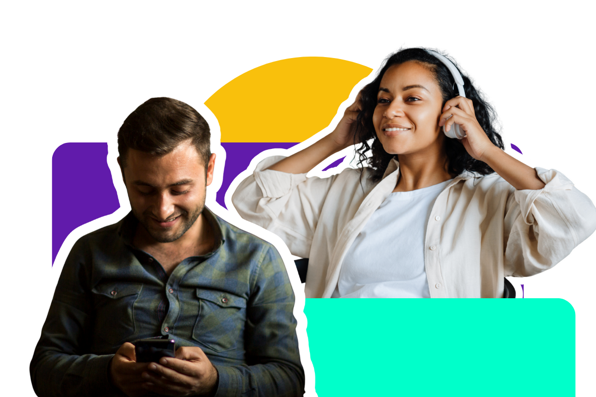 Un photomontage montrant une personne souriant en regardant son téléphone et une seconde portant un casque audio sur les oreilles. Le montage est agrémenté de formes colorées rappelant le logo de Dernier Lundi.